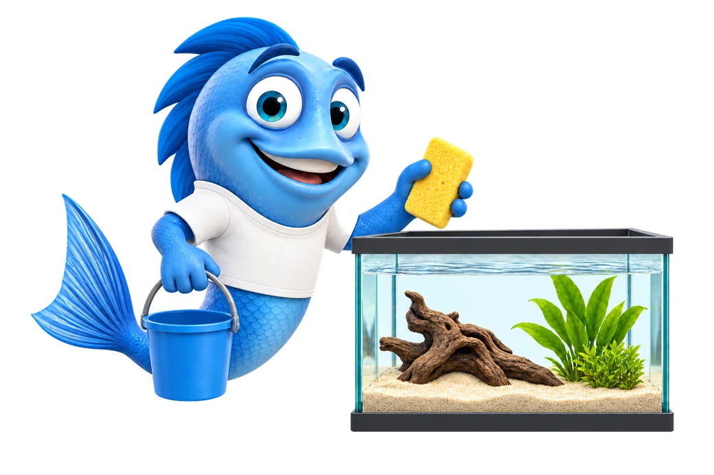 Mr. Fishy mit Eimer und Schwamm neben einem Aquarium mit Wurzel und Pflanzen.