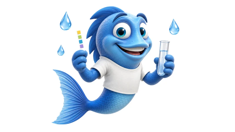 Frag Mr. Fishy: Mr. Fishy mit Teststreifen und Reagenzglas (Zeichnung)