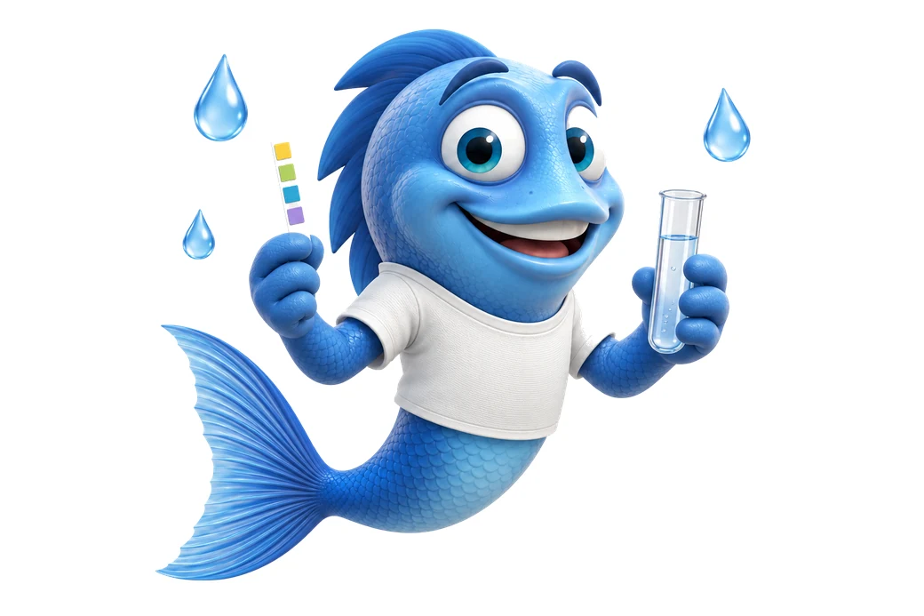 Mr. Fishy prüft das Aquarienwasser mit einem Teststreifen und einem Reagenzglas.