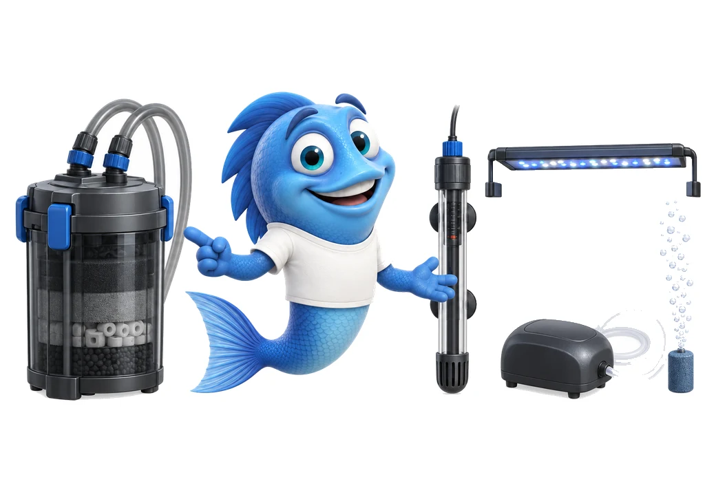 Mr. Fishy stellt die Aquarientechnik vor: Außenfilter, Heizstab, Aquarienlampe und Luftpumpe.