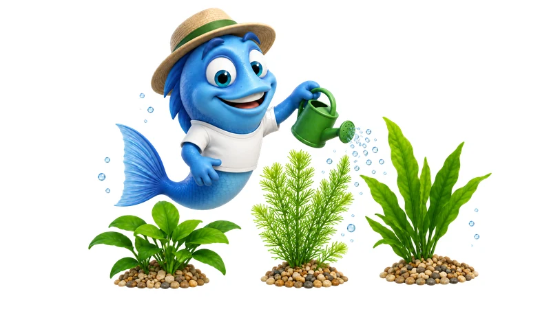 Mr. Fishy mit Gärtnerhut und Gießkanne neben Wasserpflanzen.
