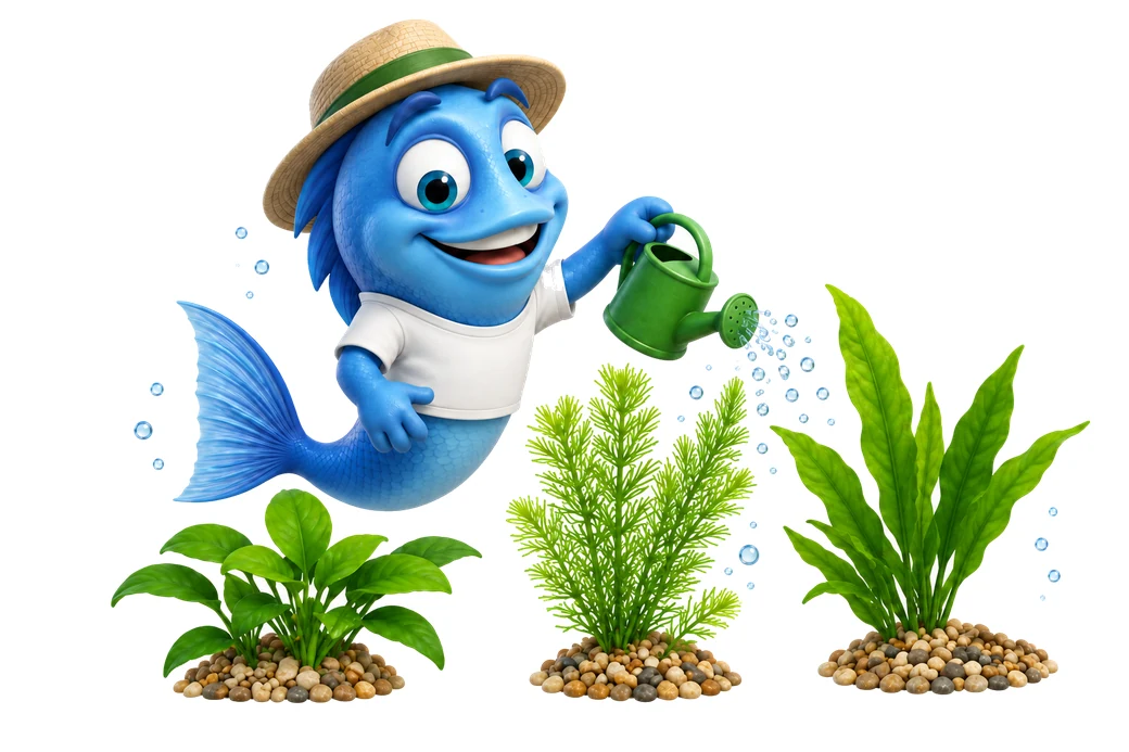 K07 mr fishy wasserpflanzen Mr. Fishy mit Gärtnerhut und Gießkanne neben Wasserpflanzen.