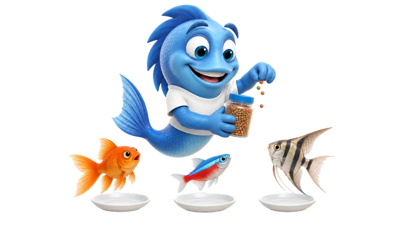 Mr. Fishy mit Futterdose und drei wartenden Aquarienfischen.