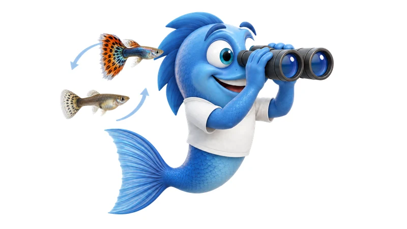 Mr. Fishy beobachtet mit einem Fernglas zwei Guppys.