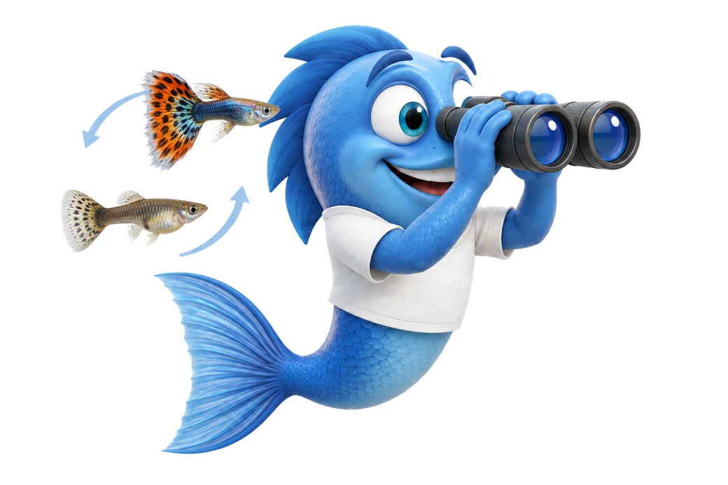 K09 mr fishy spannendes verhalten Mr. Fishy beobachtet mit einem Fernglas zwei Guppys, die umeinander schwimmen.