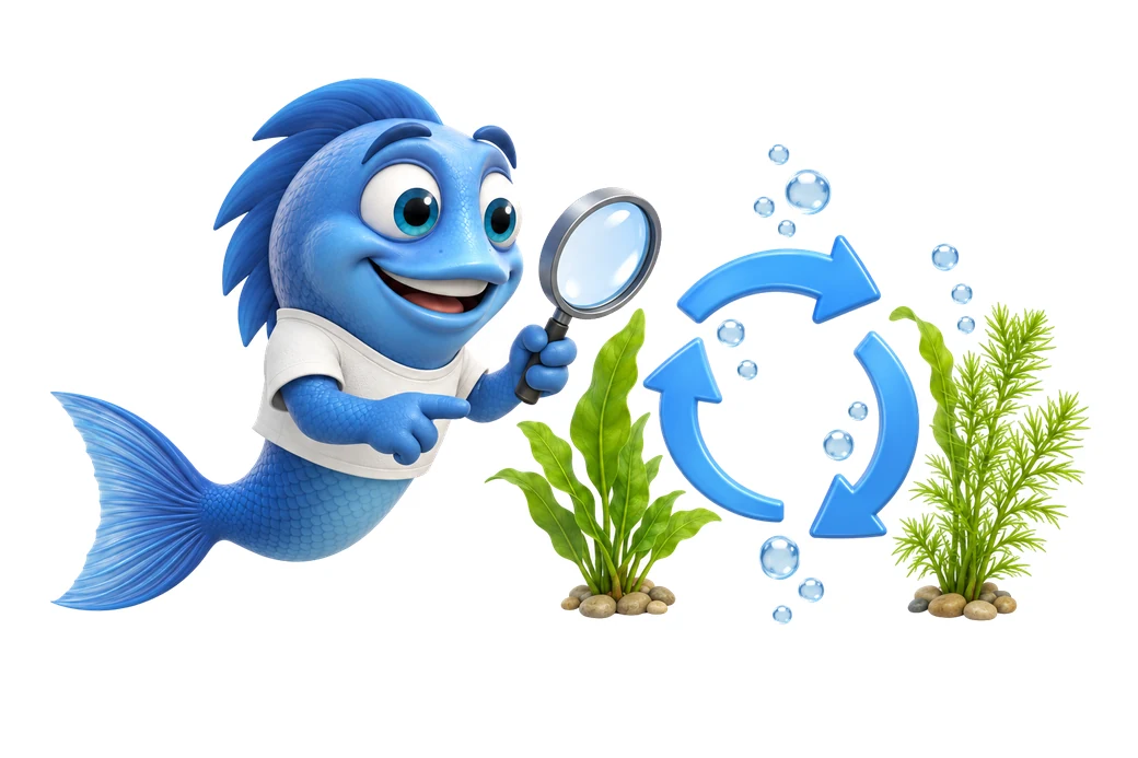Mr. Fishy untersucht mit einer Lupe Wasserpflanzen, Luftblasen und Kreislaufpfeile als Bild für das Leben im Aquarium.