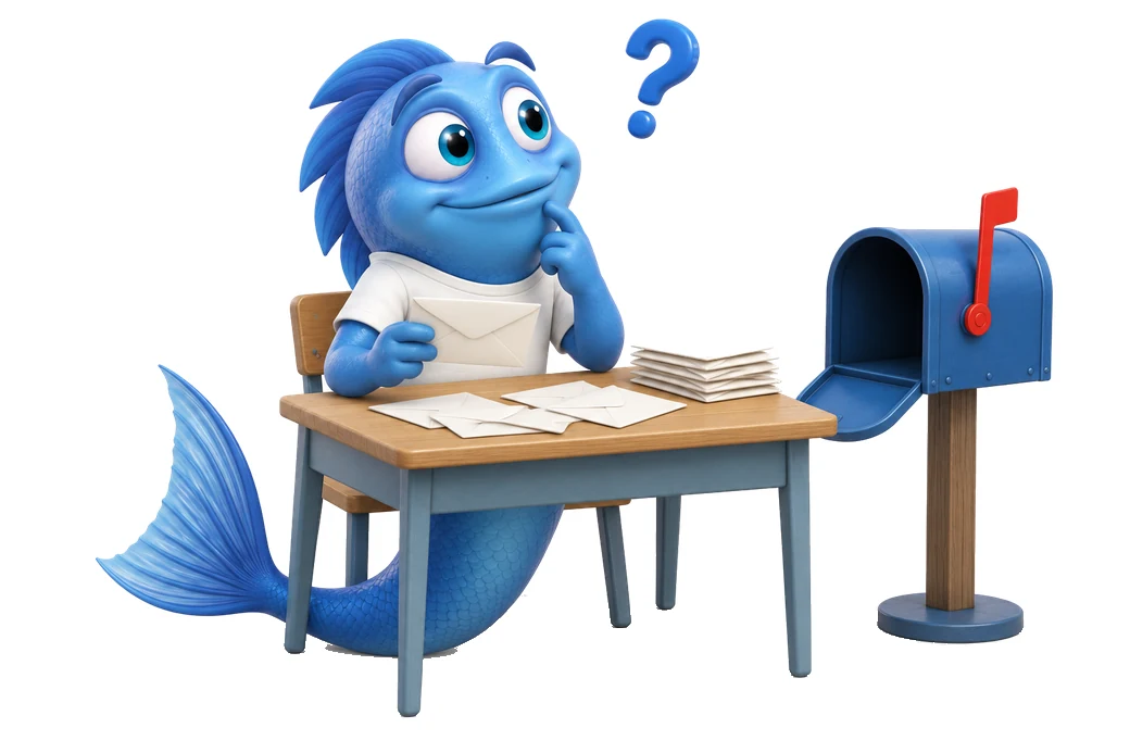 S01 mr fishy frag mr fishy Mr. Fishy liest am Schreibtisch Briefe mit Kinderfragen zum Aquarium, daneben ein Briefkasten.