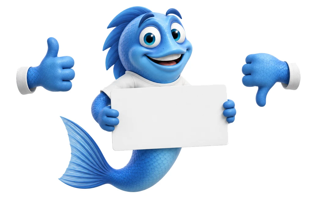 Mr. Fishy hält ein leeres Schild zwischen Daumen hoch und Daumen runter und klärt Irrtümer in der Aquaristik auf.