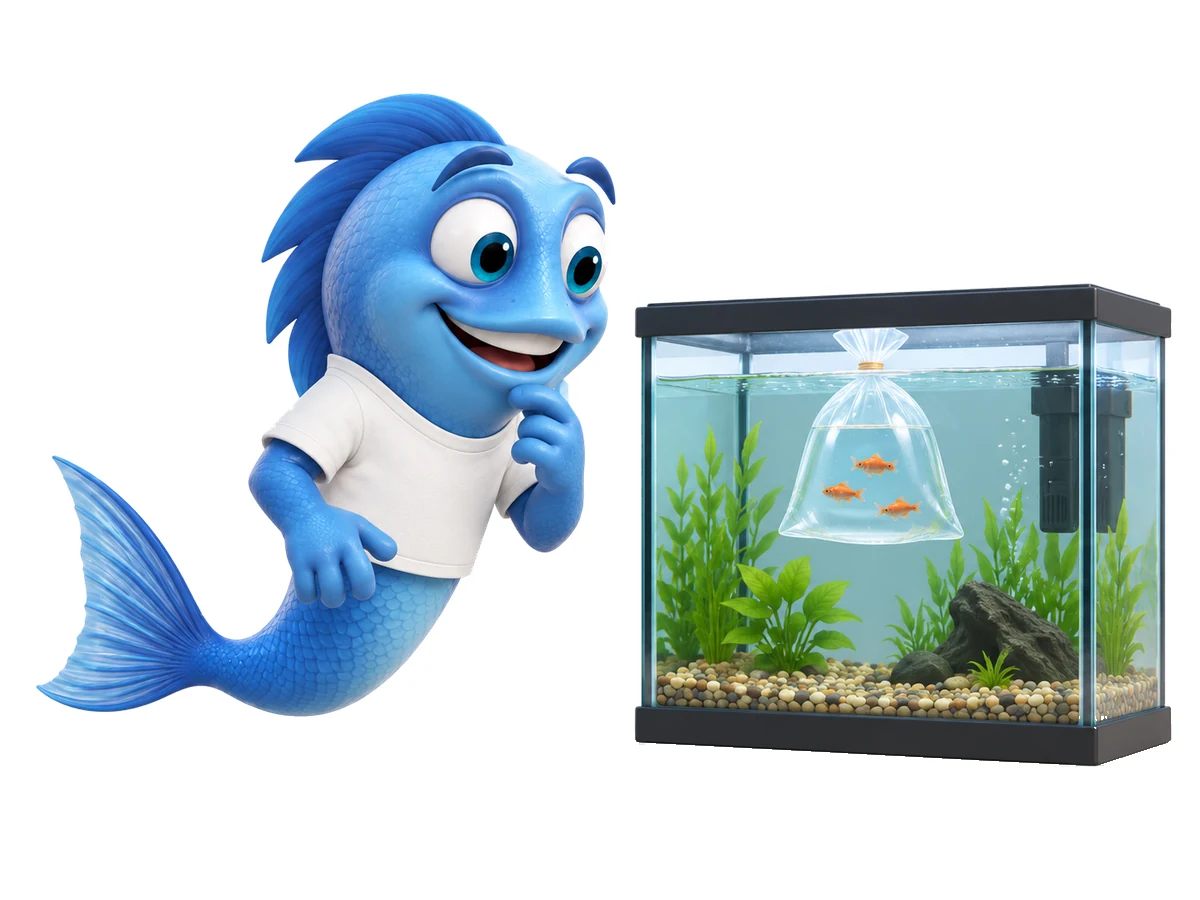 S07 mr fishy einzug ins aquarium Mr. Fishy betrachtet einen Fischbeutel, der zur Eingewöhnung der neuen Fische im Aquarium schwimmt.