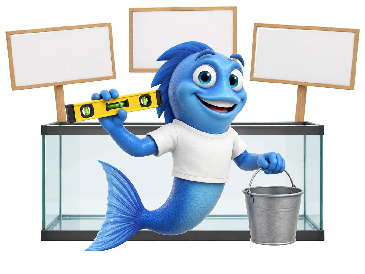 Mr. Fishy richtet ein leeres Aquarium mit der Wasserwaage aus, neben ihm ein Eimer für die Einrichtung.