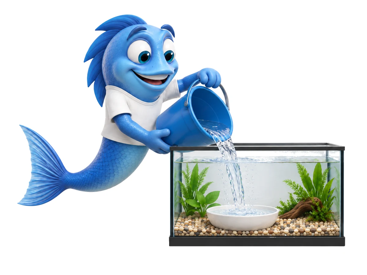 Mr. Fishy gießt Wasser auf einen Teller im Aquarium, damit beim Befüllen der Bodengrund nicht aufwirbelt.