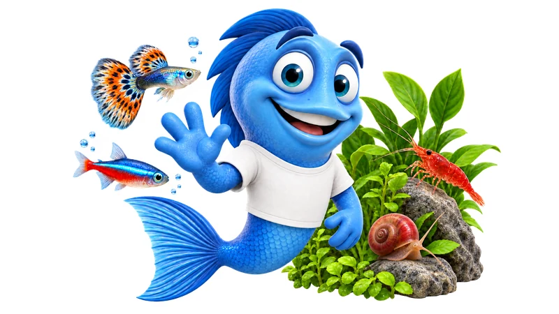 Mr. Fishy winkt neben kleinen Fischen, einer Garnele und einer Wasserschnecke.