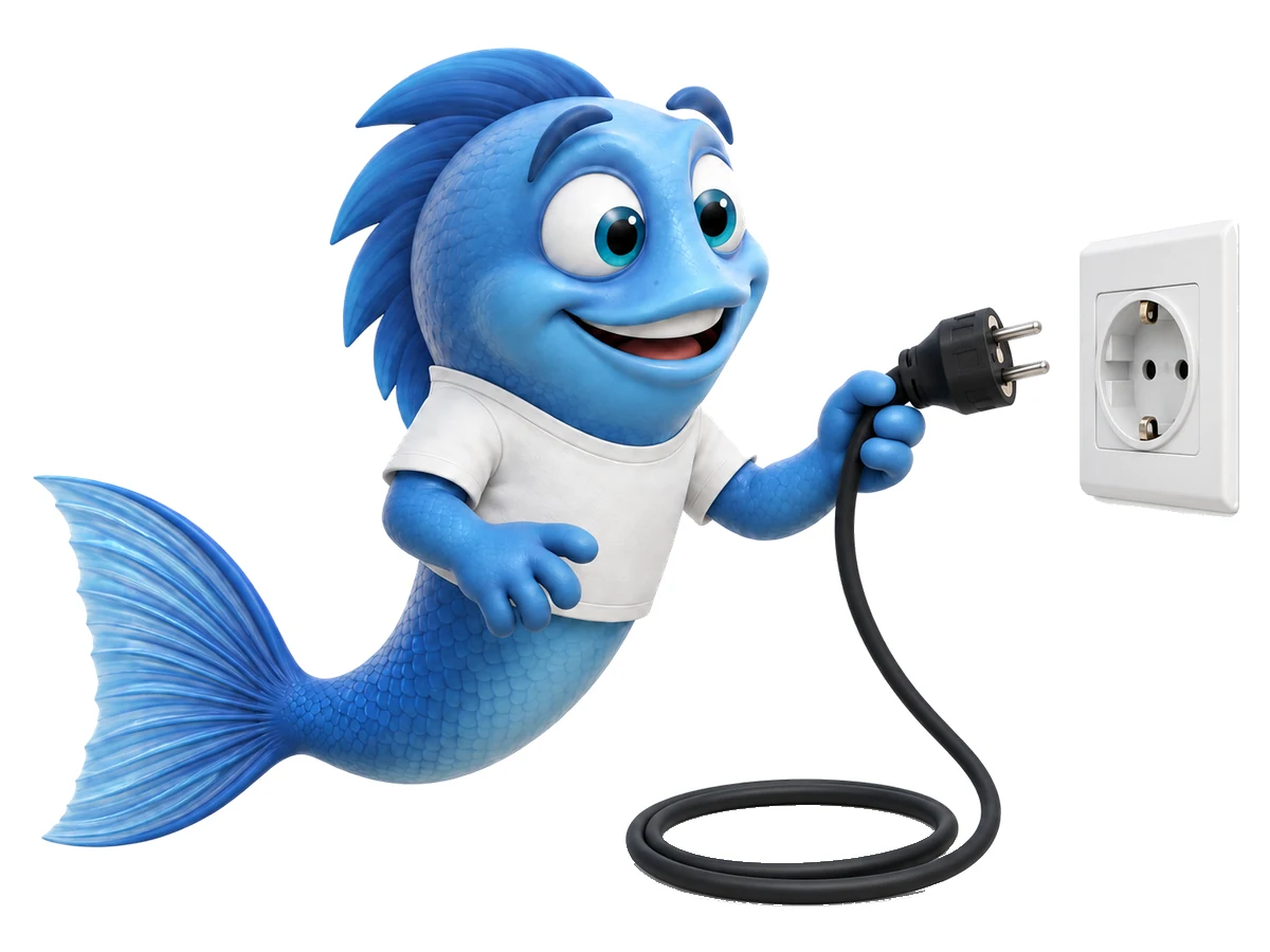 Mr. Fishy zieht den Stecker aus der Steckdose, bevor er am Aquarium arbeitet.